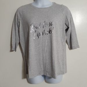 Roaman's Heather Gray "But first, lipstick!" Metallic Slogan T-shirt 14/16 NWOT